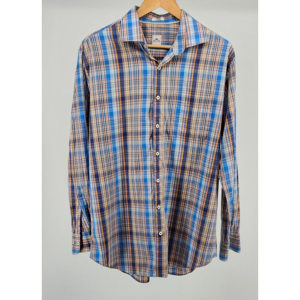 Peter Millar Mens Blueβ Orange Plaid Cotton Button Down Shirt Large Long Sleeve